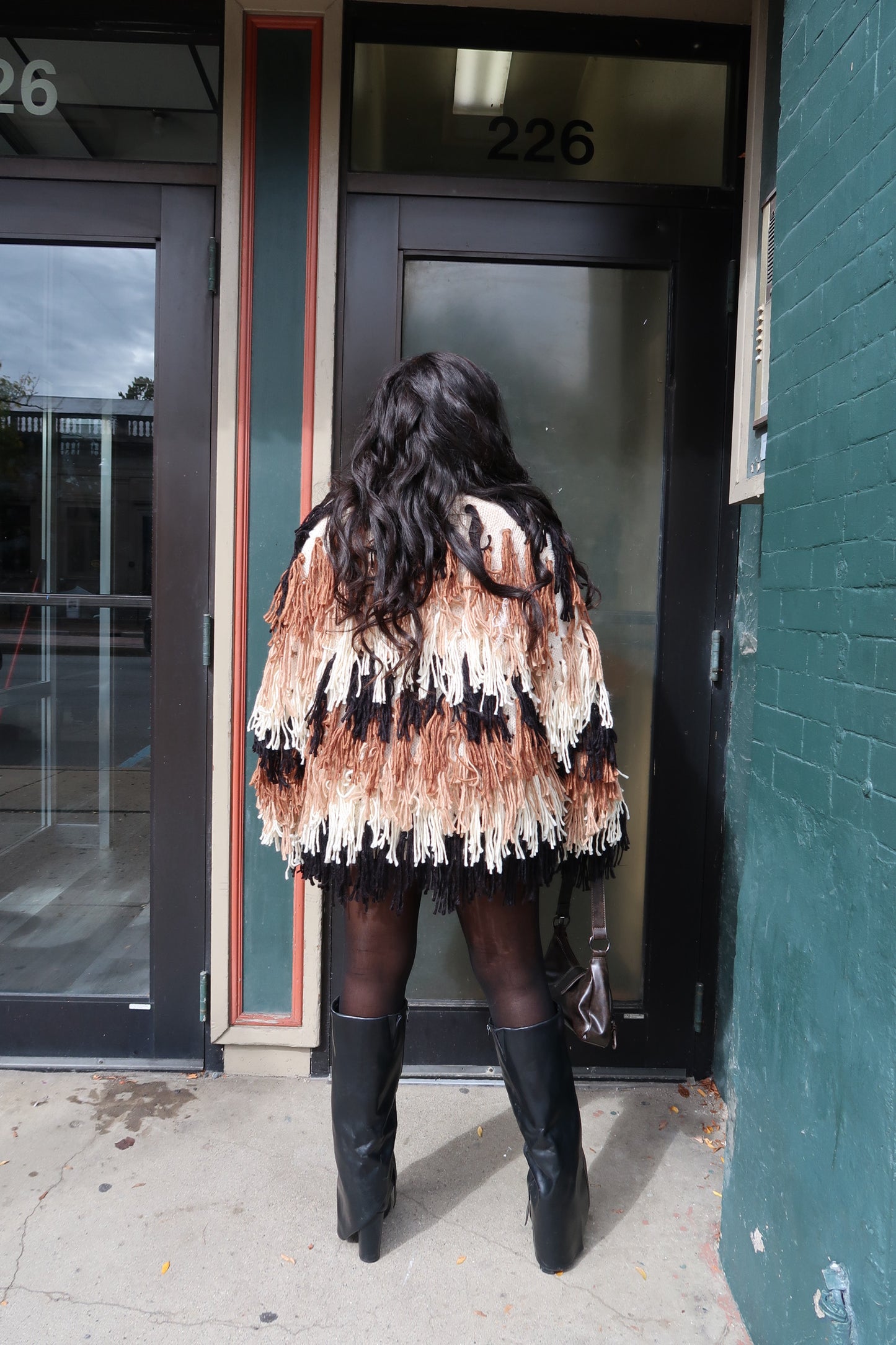 Layered yarn fringe detail on the Simone' Fringe Cardigan, one size fits up to 2X
