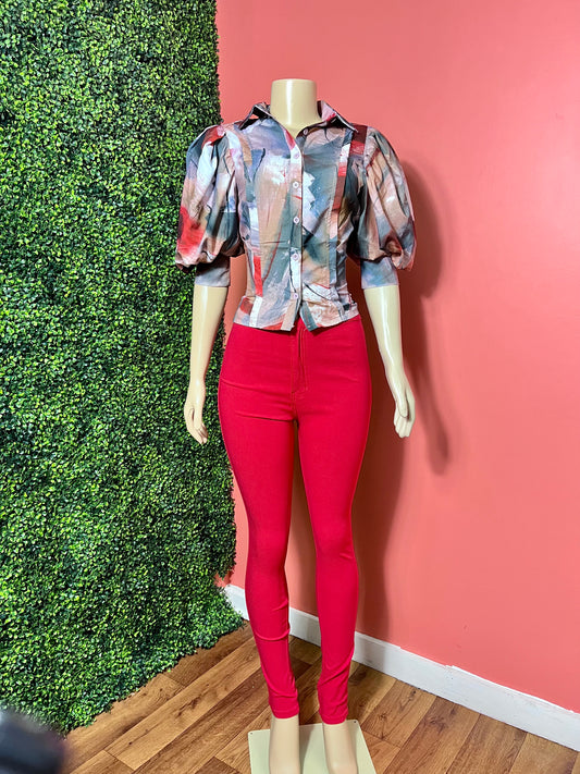 High Waist Bae Pants- Red