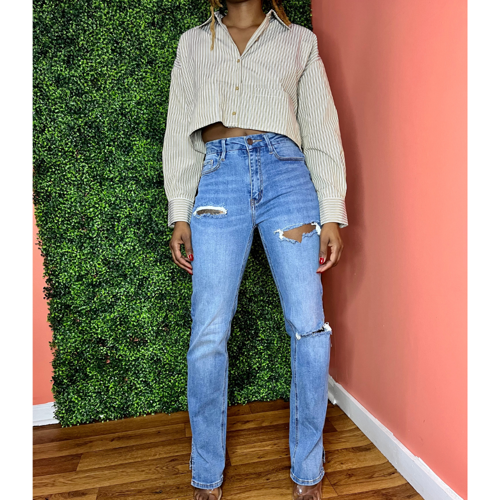 Stripe Mode Crop Top Button Up