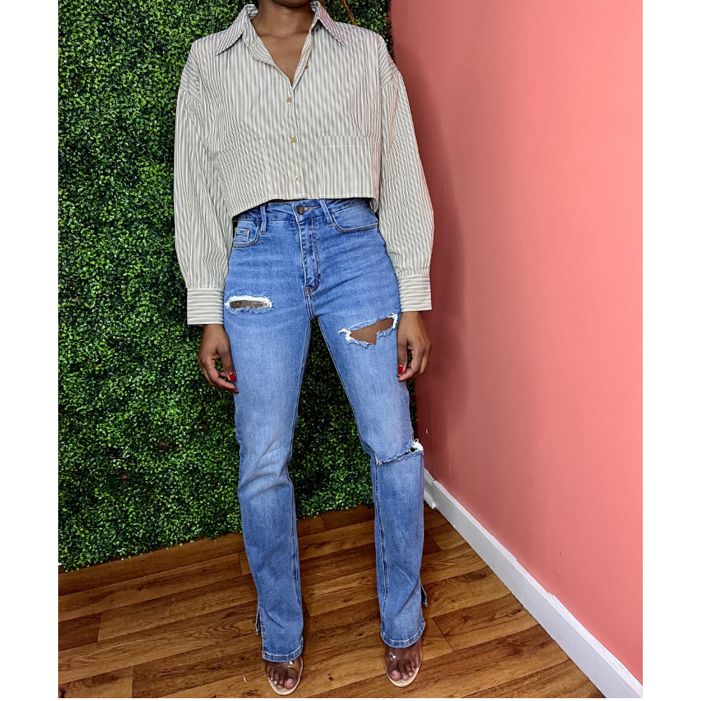Stripe Mode Crop Top Button Up
