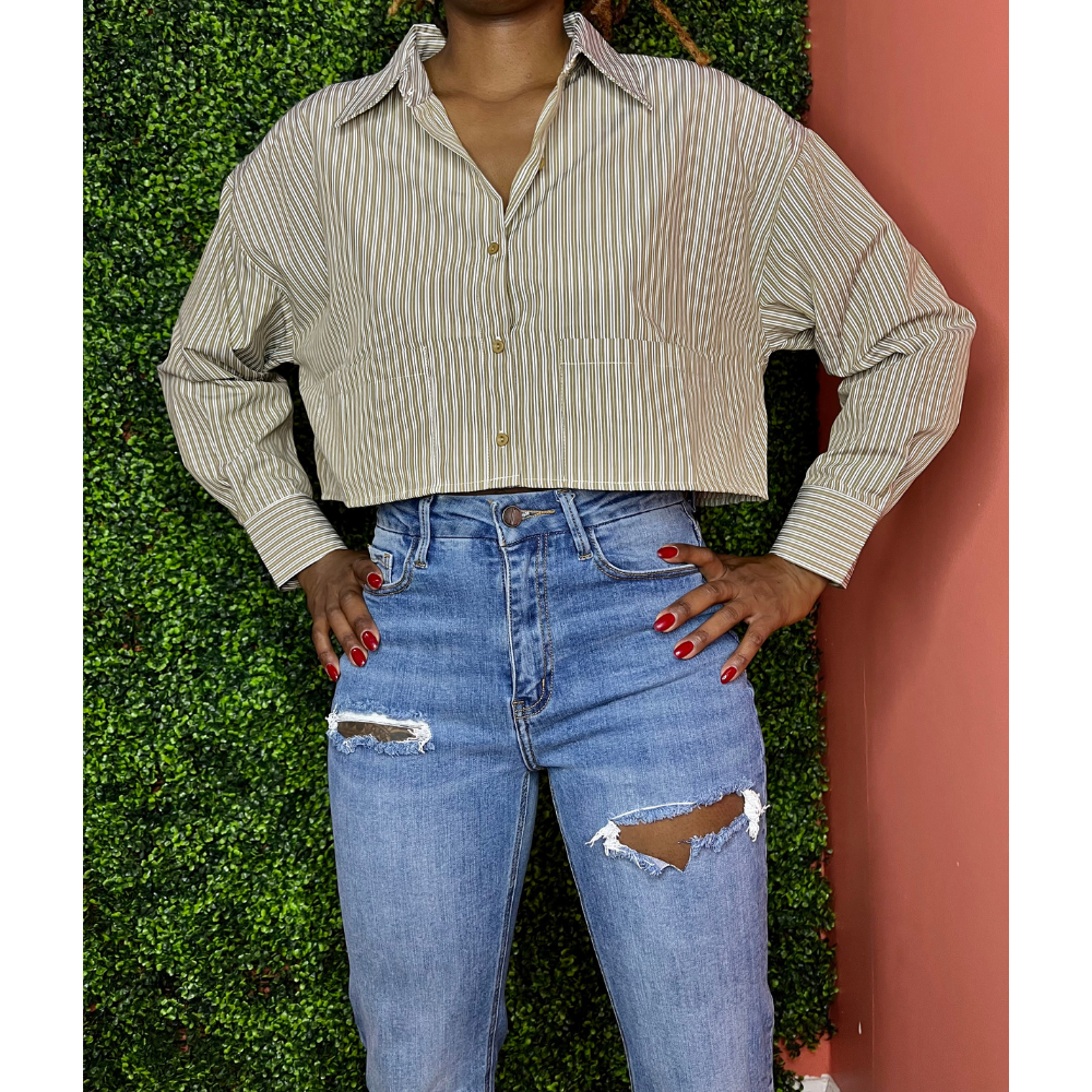 Stripe Mode Crop Top Button Up