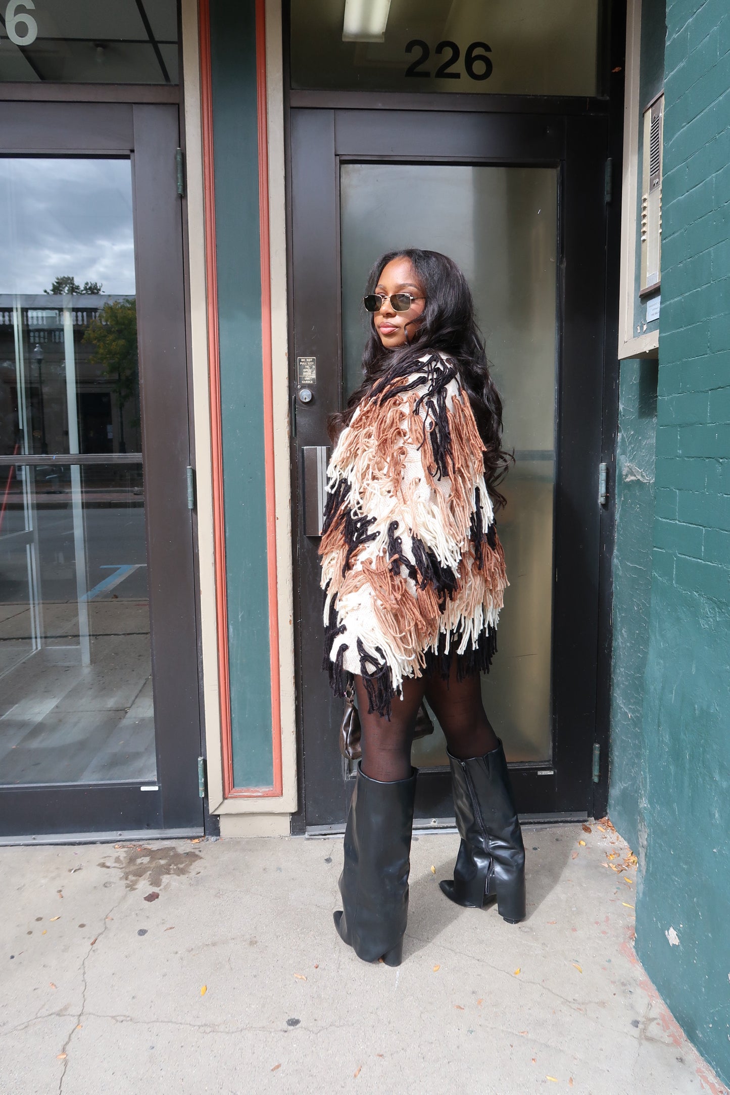 Oversized fringe cardigan with bubble sleeves, Simone' Fringe Cardigan by Love At First Try