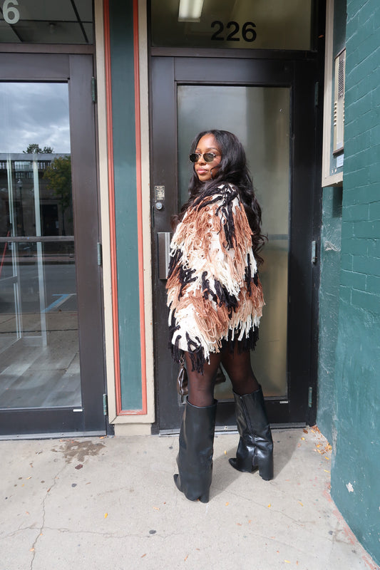 Oversized fringe cardigan with bubble sleeves, Simone' Fringe Cardigan by Love At First Try