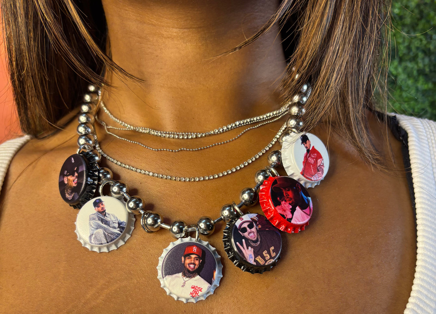 Handmade silver beaded necklace featuring multiple Chris Brown-inspired bottle cap charms, perfect for concerts, festivals, and music fan accessories.
